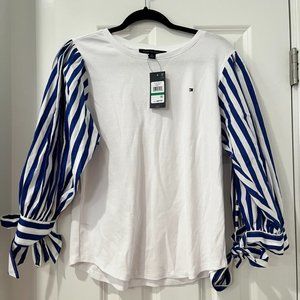 Tommy Hilfiger White Blouse with Striped Sleeves - Size L